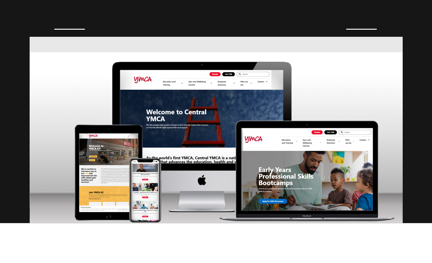 CYMCA1 Four devices displaying the YMCA website, showcasing services, education, and training programs. Background is a simple black design.
