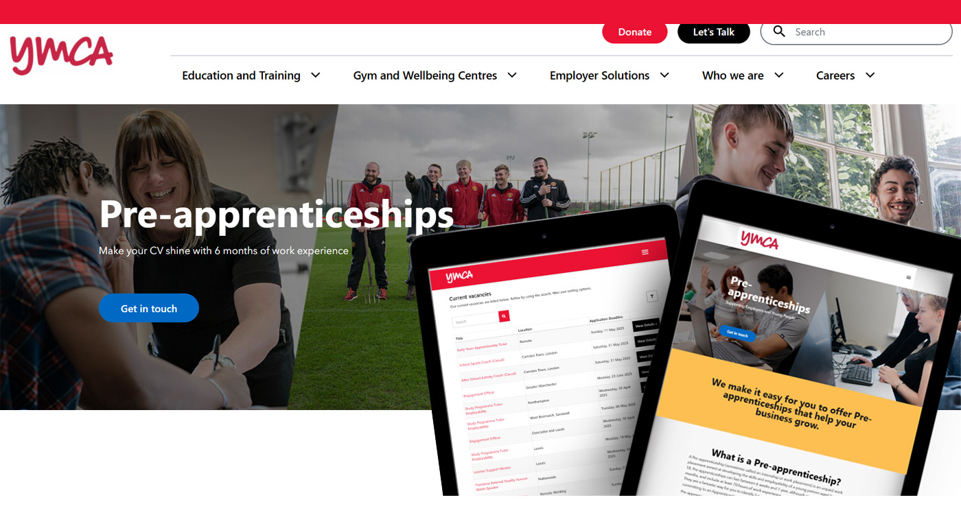 CYMCA3 YMCA webpage highlighting Pre-apprenticeships with details on job vacancies and work experience opportunities.