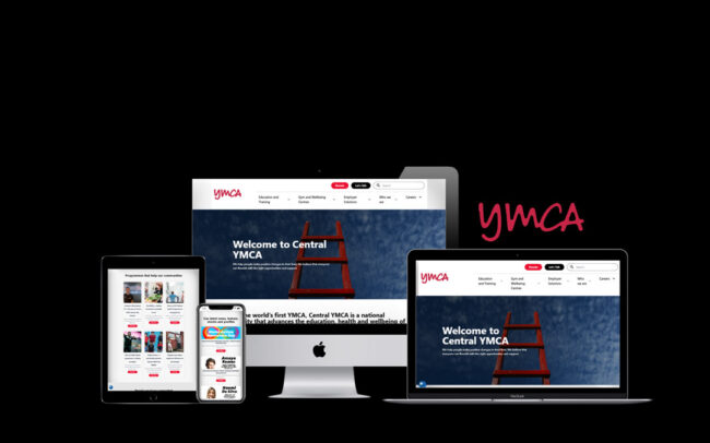 Screens displaying the Central YMCA website on various devices, promoting education, health, and community support.