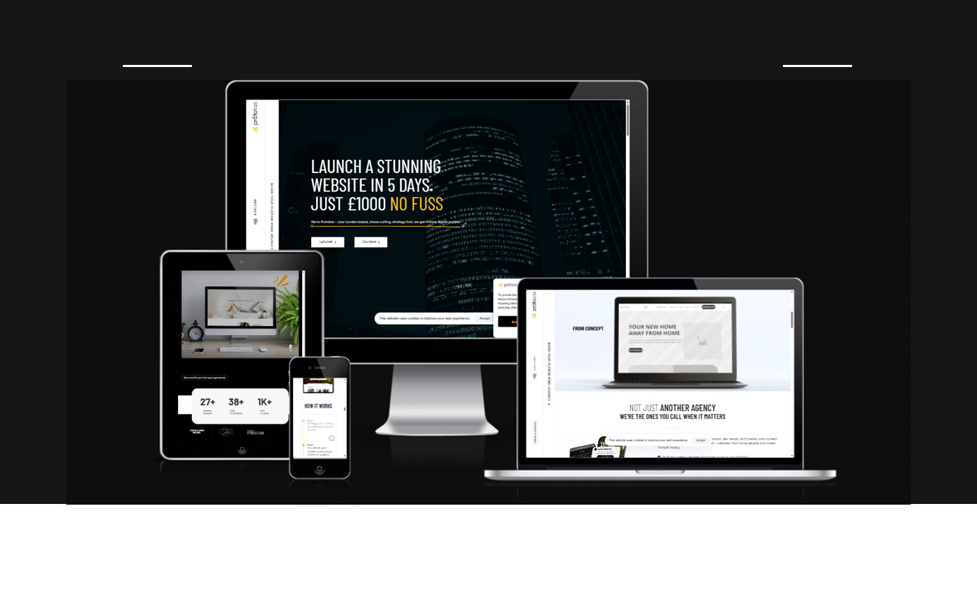 Protokos—1 A collection of devices displaying a modern website design, highlighting features like fast setup and no hassle for clients.