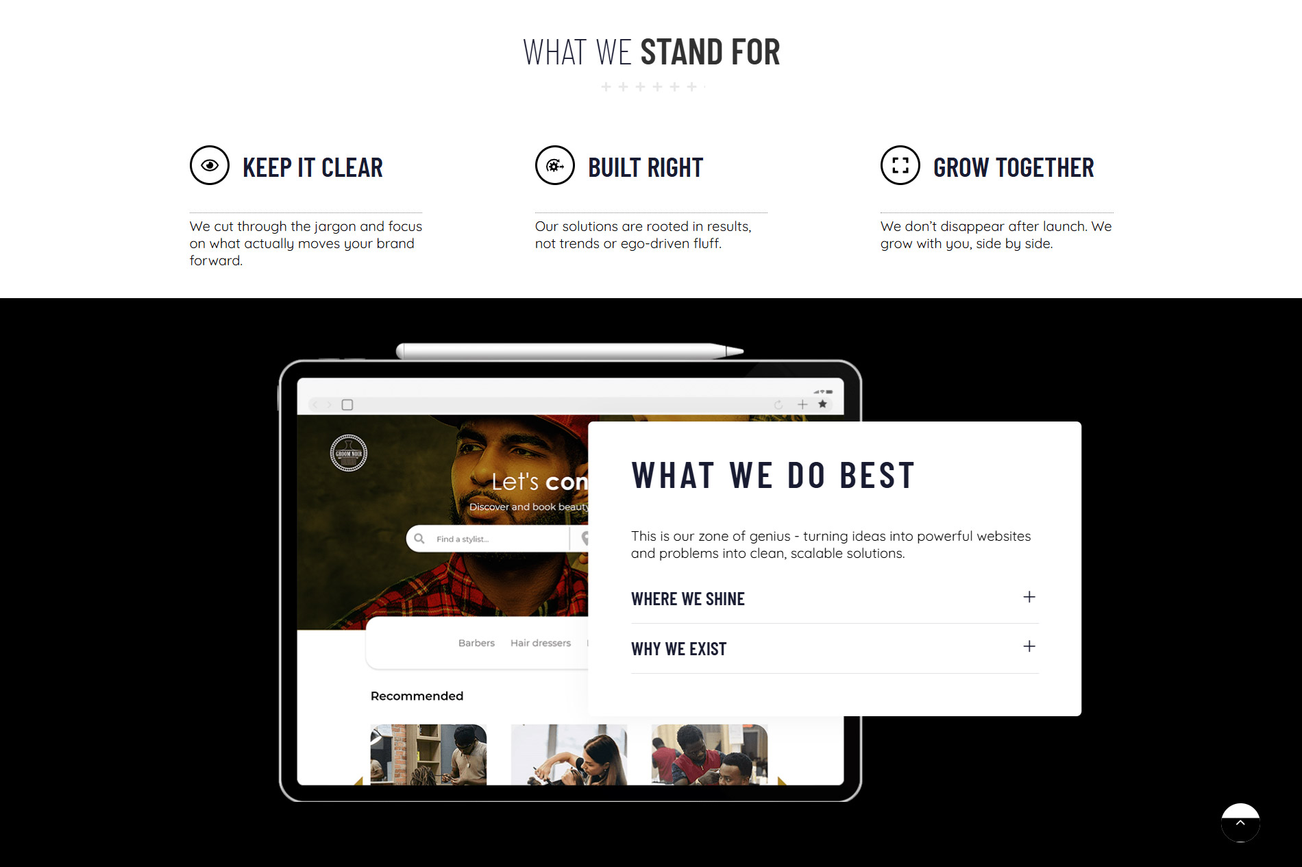 p2 A tablet displaying a website design service, featuring sections on brand clarity, effective solutions, and collaborative growth.