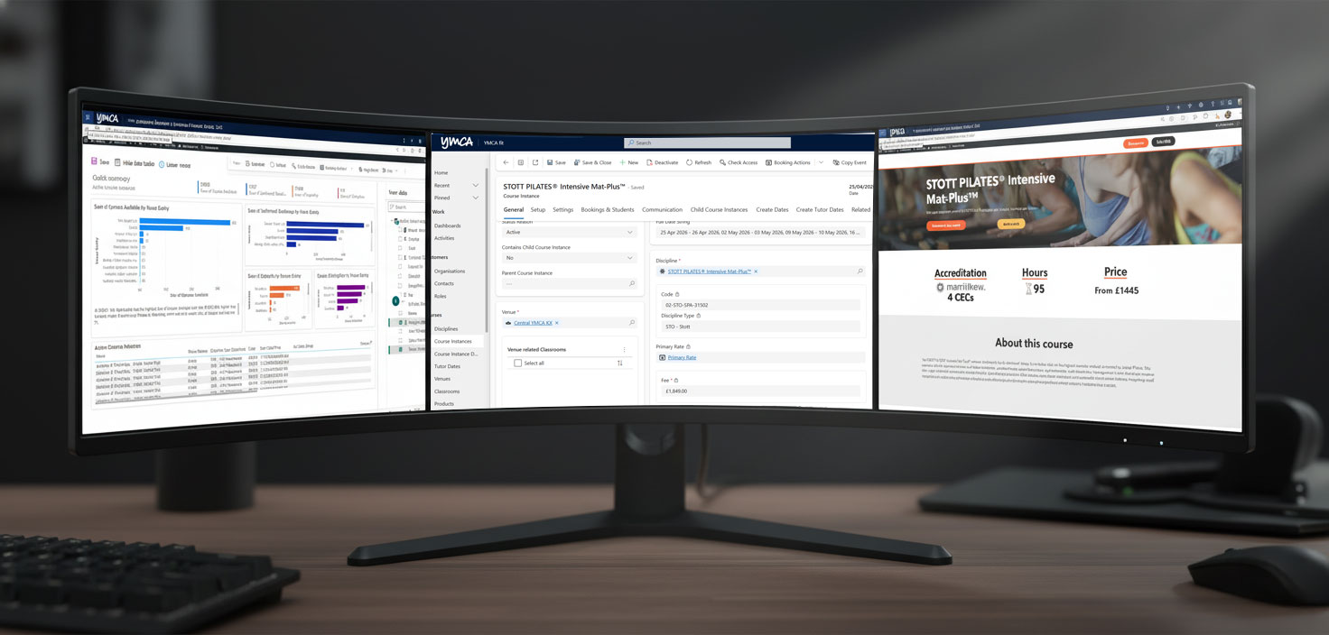 case1 A curved monitor displays training data and details of a STOTT PILATES Intensive Mat-Plus course from YMCA, showcasing analytics and course info.