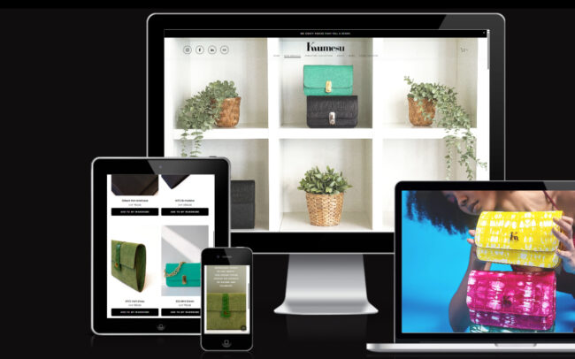 Website mockup for Kumesu, featuring colorful handbags displayed on devices against a dark background.