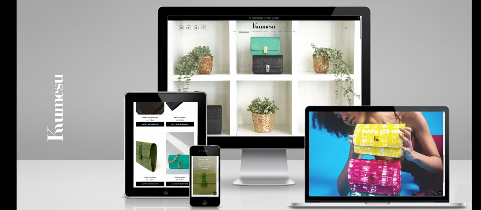 Website mockup for Kumesu, featuring colorful handbags displayed on devices against a bright background.