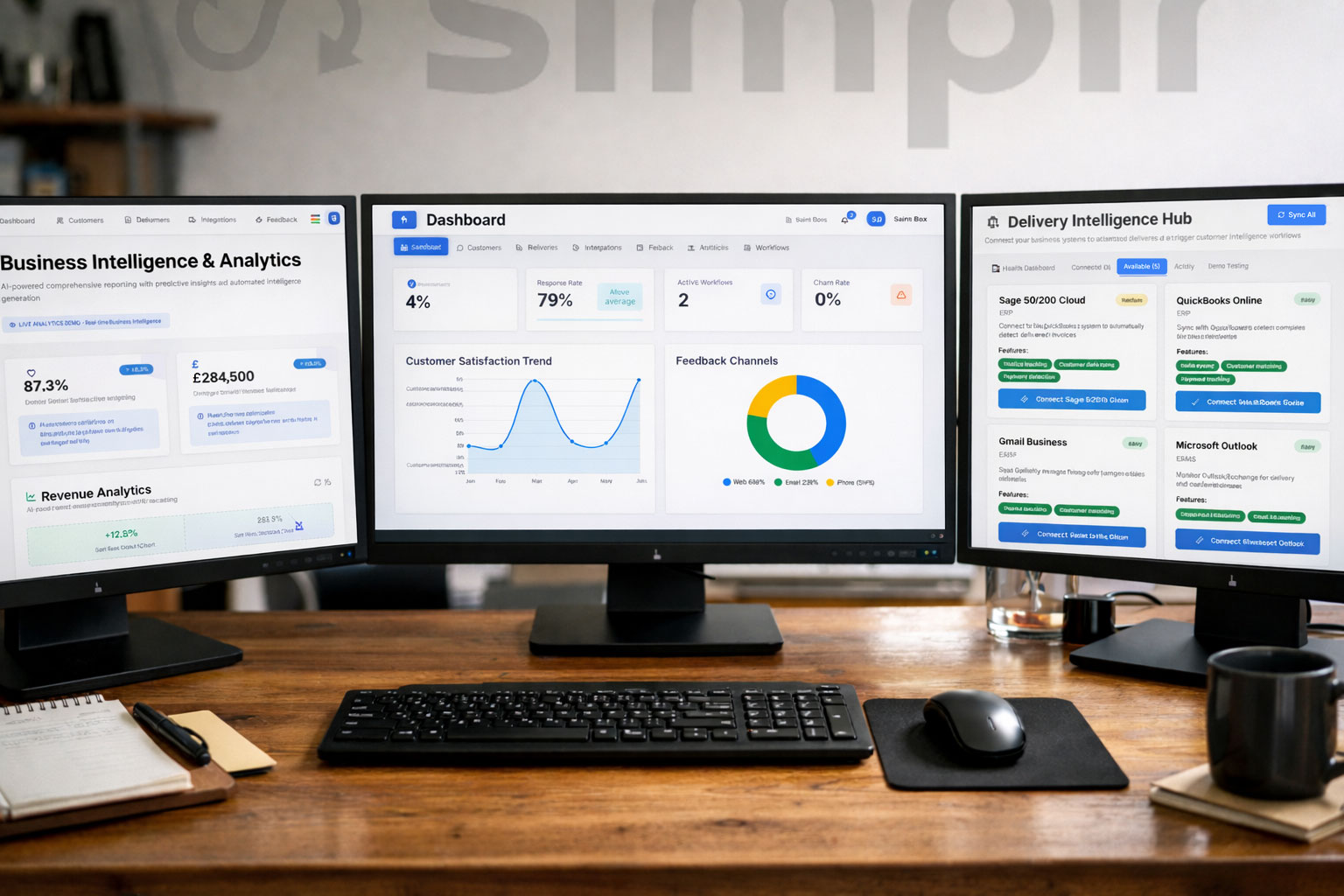 A workspace with three computer monitors displaying data analytics dashboards, a keyboard, mouse, notepad, and a coffee cup.