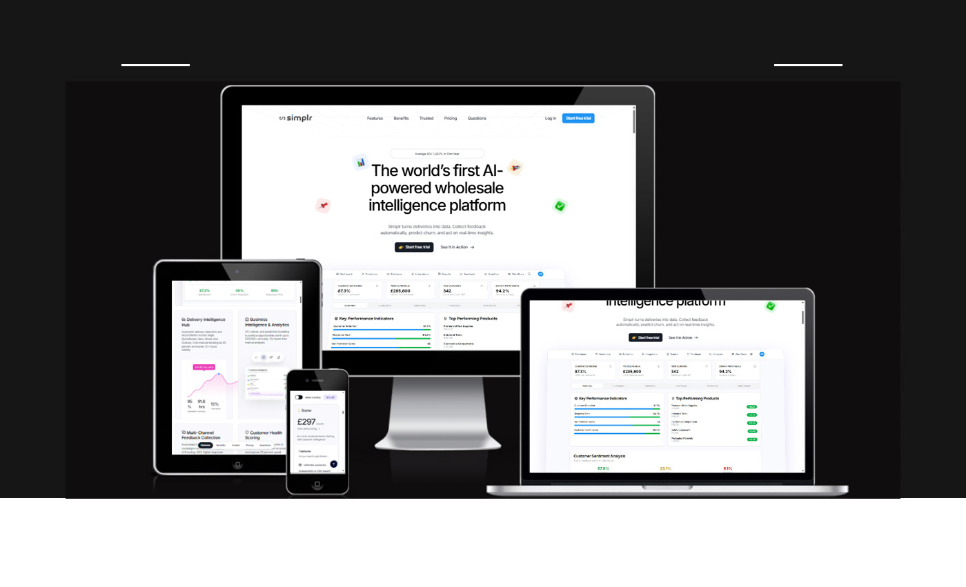 A modern display of various devices showcasing a website for an AI-powered wholesale intelligence platform.